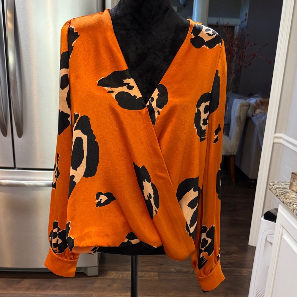 Honey Punch Bold Orange Leopard Wrap Blouse